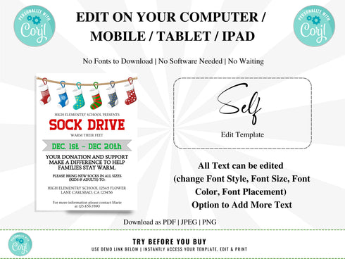 Winter Sock Drive Flyer Template, Sock Drive, Nonprofit Charity Community Donations, Event Flyer, School Church Fundraiser Invite