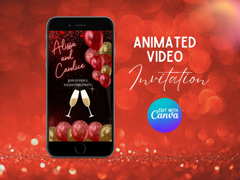 Animated Galentines Invitation Template, PJs and Prosecco Party Invite, Valentines Ladies Night, Womens Sleepover Digital Evite