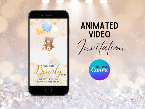Teddy Bear Baby Shower Invitation, Animated Bear with Balloons Video Invite, Baby Boy Shower Evite, Editable Digital Baby Invite