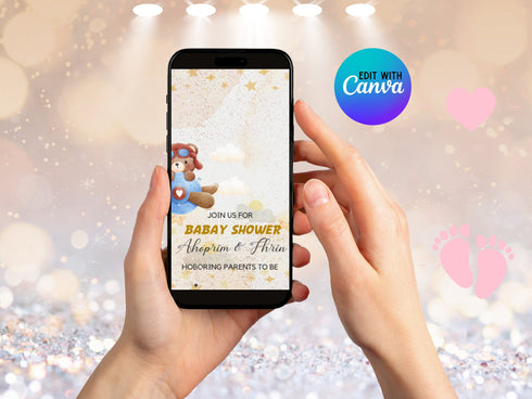 Teddy Bear Baby Shower Invitation, Animated Bear with Balloons Video Invite, Baby Boy Shower Evite, Editable Digital Baby Invite