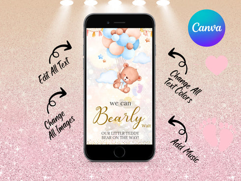 Teddy Bear Baby Shower Video Invitation, We Can Bearly Wait Animated Invite, Editable Digital Baby Shower Evite for Boys