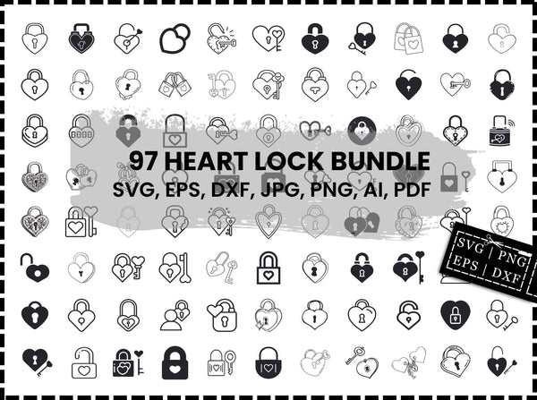 Heart Lock SVG Bundle | Locked Heart SVG PNG DXF EPS | Padlock Heart Silhouette Cut Files | Valentine Love Heart SVG for Cricut