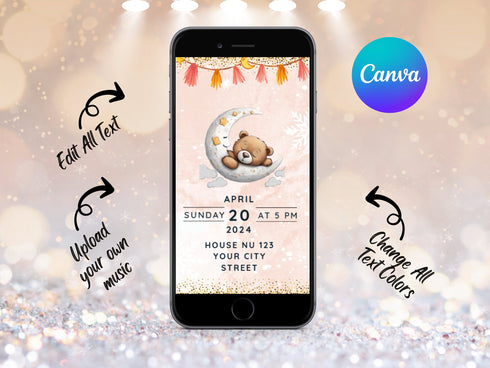 We Can Bearly Wait Baby Shower Invitation, Animated Teddy Bear Video Invite, Editable Digital Download, Gender Neutral Baby Shower Evite