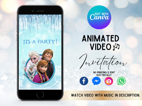 Frozen Birthday Video Invitation, Animated Princess Party Invite, Editable Canva Template, Digital Frozen Birthday Evite for Girls