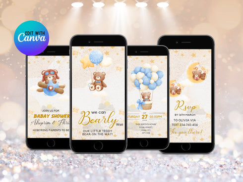 Teddy Bear Baby Shower Invitation, Animated Bear with Balloons Video Invite, Baby Boy Shower Evite, Editable Digital Baby Invite