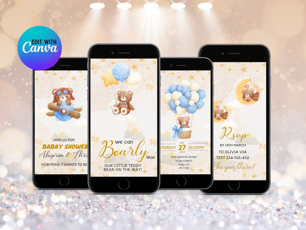 Teddy Bear Baby Shower Invitation, Animated Bear with Balloons Video Invite, Baby Boy Shower Evite, Editable Digital Baby Invite