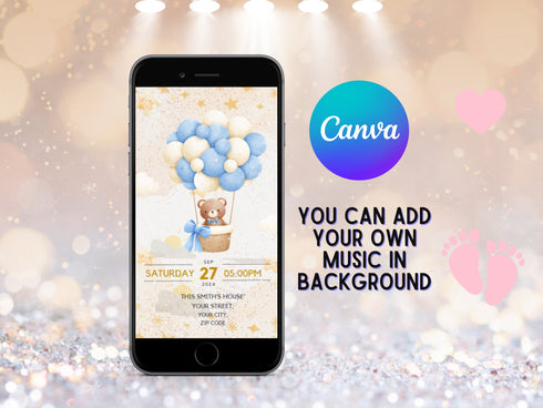 Teddy Bear Baby Shower Invitation, Animated Bear with Balloons Video Invite, Baby Boy Shower Evite, Editable Digital Baby Invite