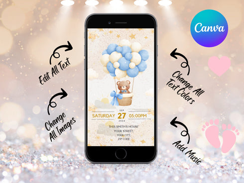 Teddy Bear Baby Shower Invitation, Animated Bear with Balloons Video Invite, Baby Boy Shower Evite, Editable Digital Baby Invite