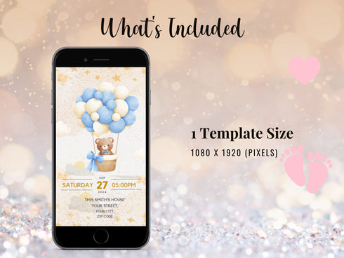 Teddy Bear Baby Shower Invitation, Animated Bear with Balloons Video Invite, Baby Boy Shower Evite, Editable Digital Baby Invite
