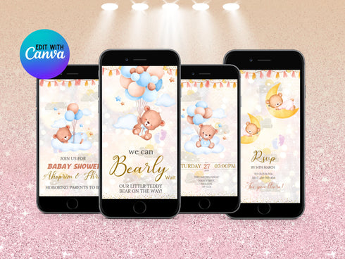 Teddy Bear Baby Shower Video Invitation, We Can Bearly Wait Animated Invite, Editable Digital Baby Shower Evite for Boys