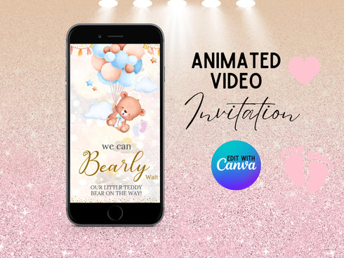 Teddy Bear Baby Shower Video Invitation, We Can Bearly Wait Animated Invite, Editable Digital Baby Shower Evite for Boys