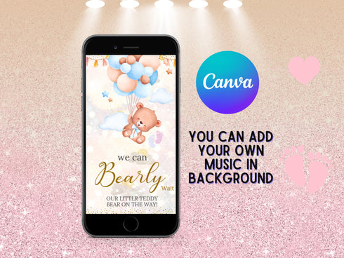 Teddy Bear Baby Shower Video Invitation, We Can Bearly Wait Animated Invite, Editable Digital Baby Shower Evite for Boys