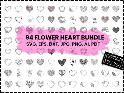 Flower Heart Svg Bundle, Floral Heart Svg, Heart Wreath Svg, Flower Svg, Heart Svg, Wildflower Svg, Floral Svg, Cut Files, Cricut, Png, Svg