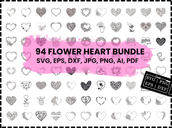 Flower Heart Svg Bundle, Floral Heart Svg, Heart Wreath Svg, Flower Svg, Heart Svg, Wildflower Svg, Floral Svg, Cut Files, Cricut, Png, Svg