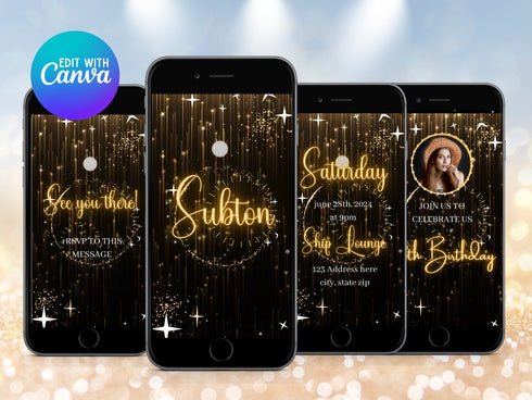 Editable Birthday Invitation Template, Black and Gold Birthday Invite for Girls, Birthday Party Invitation with Photo, Animated Video Invite