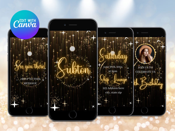 Editable Birthday Invitation Template, Black and Gold Birthday Invite for Girls, Birthday Party Invitation with Photo, Animated Video Invite