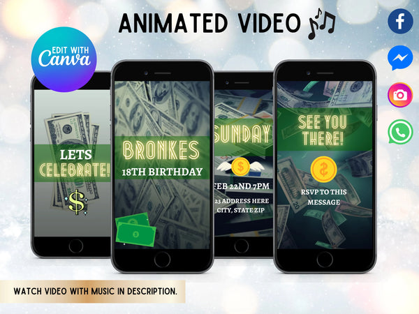 Money Theme Party Video Invitation | Animated Digital Invite with Music | Birthday, Men's Party, Evite with Photo | Money Birthday Video