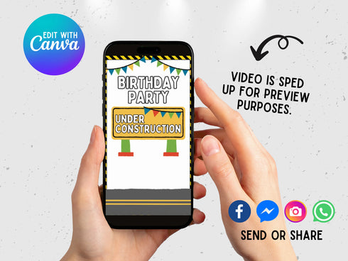 Editable Construction Video Invitation, Construction Birthday Party, Animated Invite Template for Personalized Dump Truck Party Invitation