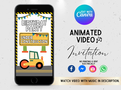 Editable Construction Video Invitation, Construction Birthday Party, Animated Invite Template for Personalized Dump Truck Party Invitation