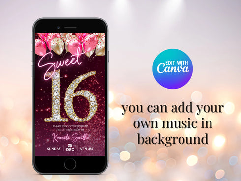 Digital Sweet 16 Birthday Invitation, Animated 16th Party Invite, Cute Gold Diamonds Neon Pink Font Evite, Editable Thank You Ecard