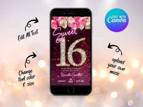 Digital Sweet 16 Birthday Invitation, Animated 16th Party Invite, Cute Gold Diamonds Neon Pink Font Evite, Editable Thank You Ecard