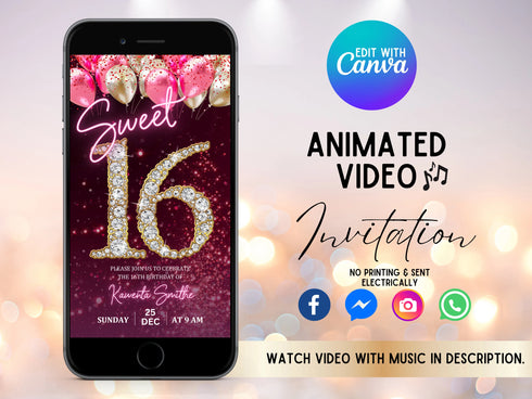 Digital Sweet 16 Birthday Invitation, Animated 16th Party Invite, Cute Gold Diamonds Neon Pink Font Evite, Editable Thank You Ecard