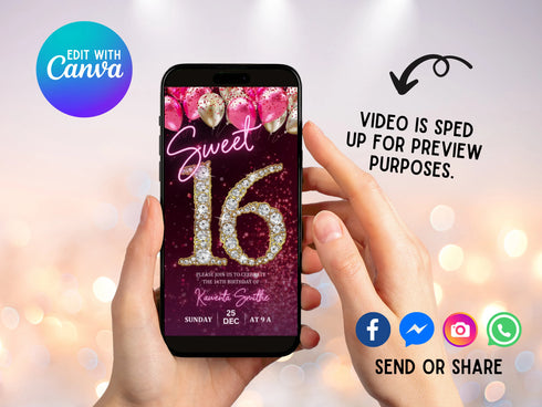 Digital Sweet 16 Birthday Invitation, Animated 16th Party Invite, Cute Gold Diamonds Neon Pink Font Evite, Editable Thank You Ecard