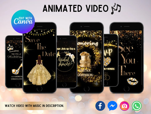 Bridal Shower Video Invitation, Bridal Shower Evite, Animated Video invite, Engagement Party, Save The Date Party, Animated Gold Glitter