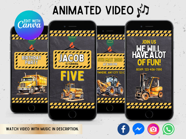 Animated Birthday Video Invitation, Construction Invitation, Construction Birthday Invitation, Construction Party Invitation, Party Invite