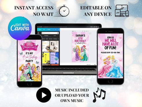 Princess Birthday Video Invitation Canva Template, Editable Princess Party Digital Evite for Kids, Animated Birthday Invite