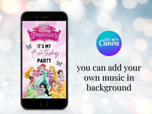 Princess Birthday Video Invitation Canva Template, Editable Princess Party Digital Evite for Kids, Animated Birthday Invite