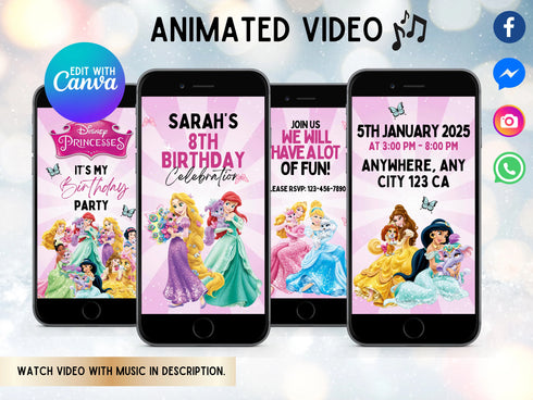 Princess Birthday Video Invitation Canva Template, Editable Princess Party Digital Evite for Kids, Animated Birthday Invite