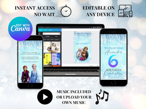 Frozen Birthday Video Invitation, Animated Princess Party Invite, Editable Canva Template, Digital Frozen Birthday Evite for Girls