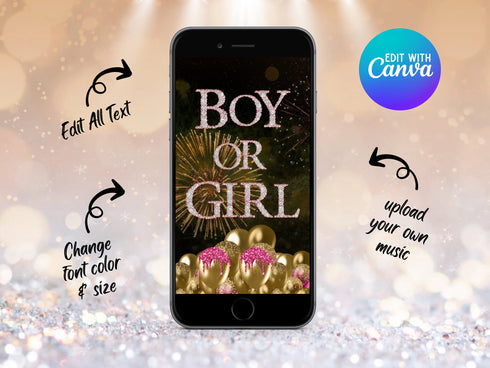 Gender Reveal Video | Baby Announcement for Social Media | Animated Personalized Digital Template | It’s a Boy or Girl | Canva Editable