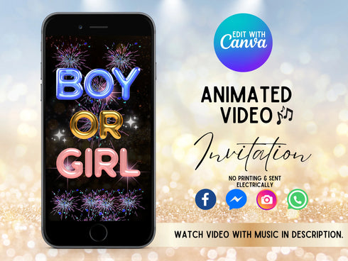 Gender Reveal Video, It’s a Boy Firework Gender Reveal Video Card Digital Announcement Video , Text or Email, Animated Personalized
