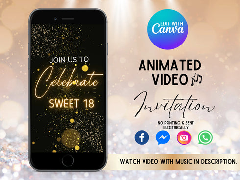 Digital Sweet 18 Birthday Invitation, Animated 18th Party Invite, Cute Gold Font Evite, Editable Thank You Ecard, 18th Invite