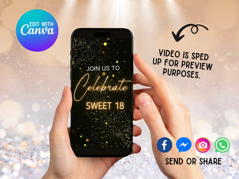 Digital Sweet 18 Birthday Invitation, Animated 18th Party Invite, Cute Gold Font Evite, Editable Thank You Ecard, 18th Invite