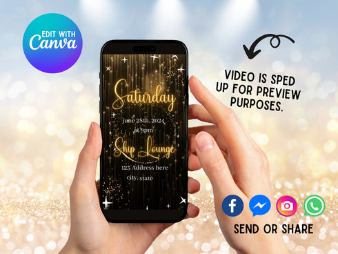 Editable Birthday Invitation Template, Black and Gold Birthday Invite for Girls, Birthday Party Invitation with Photo, Animated Video Invite