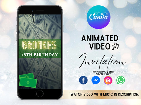 Money Theme Party Video Invitation | Animated Digital Invite with Music | Birthday, Men's Party, Evite with Photo | Money Birthday Video