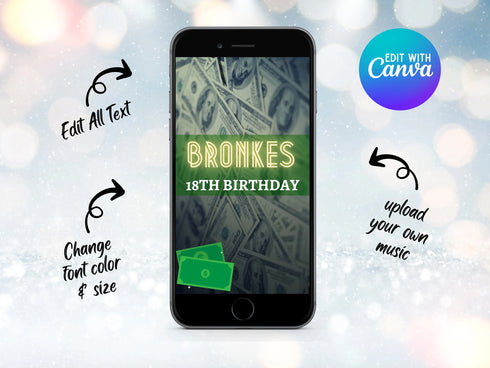 Money Theme Party Video Invitation | Animated Digital Invite with Music | Birthday, Men's Party, Evite with Photo | Money Birthday Video