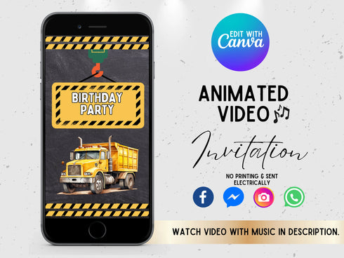 Animated Birthday Video Invitation, Construction Invitation, Construction Birthday Invitation, Construction Party Invitation, Party Invite