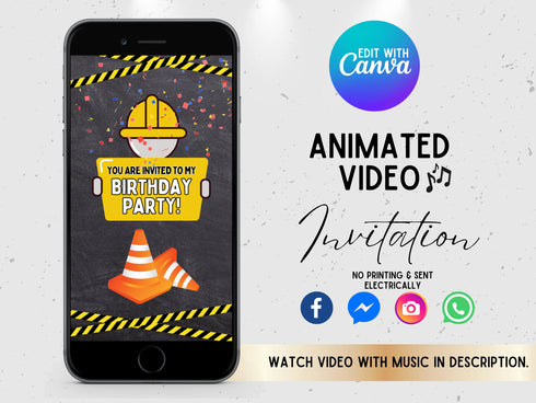 Construction Video Invitation Canva Template, Editable Construction Party Evite, Kids Builder Invite, Animated Birthday Video Invite