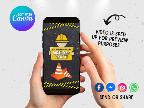 Construction Video Invitation Canva Template, Editable Construction Party Evite, Kids Builder Invite, Animated Birthday Video Invite