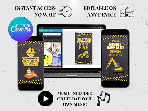 Construction Video Invitation Canva Template, Editable Construction Party Evite, Kids Builder Invite, Animated Birthday Video Invite