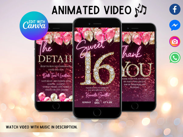 Digital Sweet 16 Birthday Invitation, Animated 16th Party Invite, Cute Gold Diamonds Neon Pink Font Evite, Editable Thank You Ecard