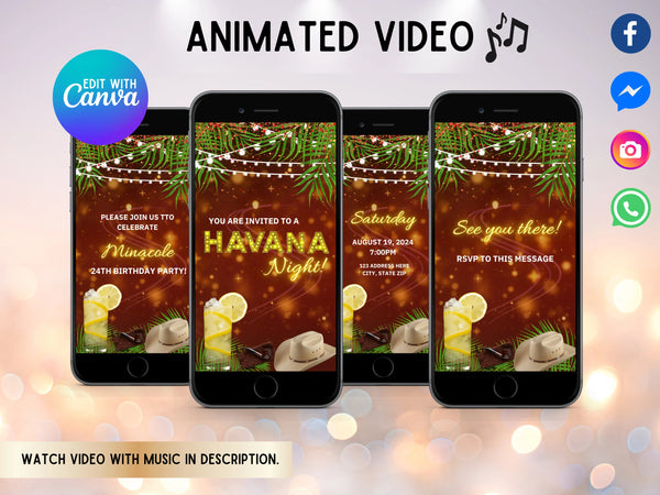 Havana Nights Video Invitation, Animated Evite, Havana Theme, Havana Party, Havana Nights Birthday, Havana Night Party Animated Invitation