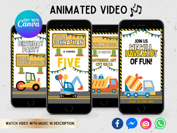 Editable Construction Video Invitation, Construction Birthday Party, Animated Invite Template for Personalized Dump Truck Party Invitation
