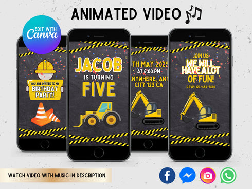 Construction Video Invitation Canva Template, Editable Construction Party Evite, Kids Builder Invite, Animated Birthday Video Invite