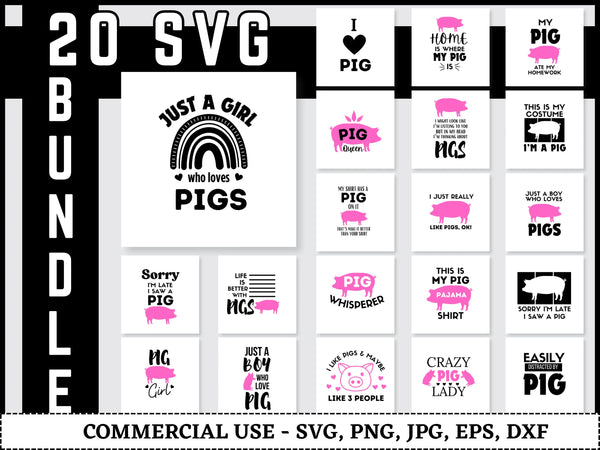 Pig SVG Bundle | Pig Silhouette SVG PNG DXF EPS | Farm Animal Pig Clipart Cut Files for Cricut | Pig Head Vector Design