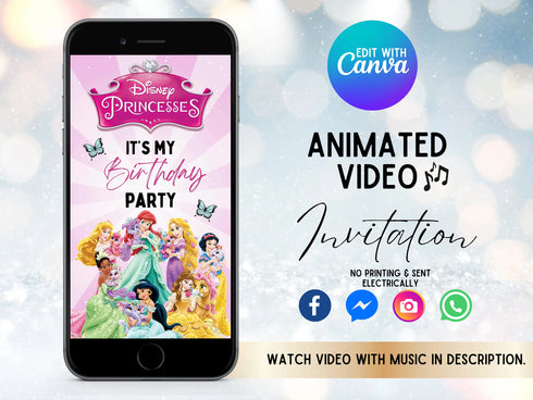Princess Birthday Video Invitation Canva Template, Editable Princess Party Digital Evite for Kids, Animated Birthday Invite